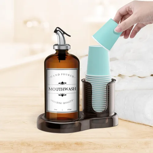 Miniatura 4 de Dispensador de enjuague bucal de vidrio ámbar con portavasos para baño, contenedor de botellas de enjuague bucal recargable de 16 onzas con bandeja