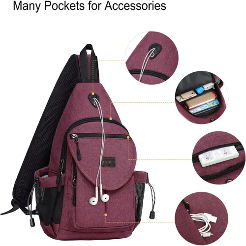 Miniatura 3 de MOSISO Mochila tipo bandolera, mochila de lona para senderismo con bolsillo antirrobo Rojo vino