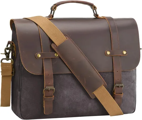 Miniatura 8 de Bolsa de mensajero para hombre, de lona encerada, maletín para laptop de 15.6 pulgadas, estilo vintage, de cuero, impermeable, para la escuela