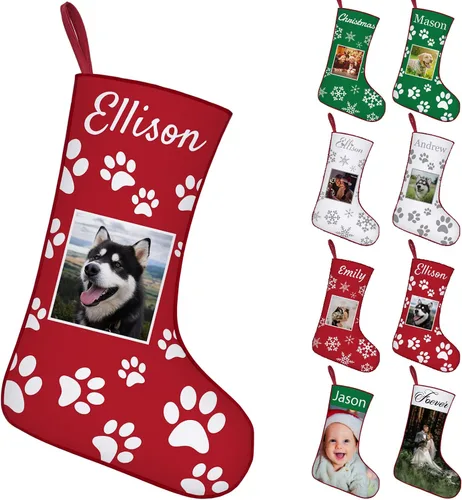 Miniatura 12 de Calcetines de Navidad personalizados con foto de nombre, imagen de perros y mascotas, patas de perro, calcetines de Navidad, decoración colgante