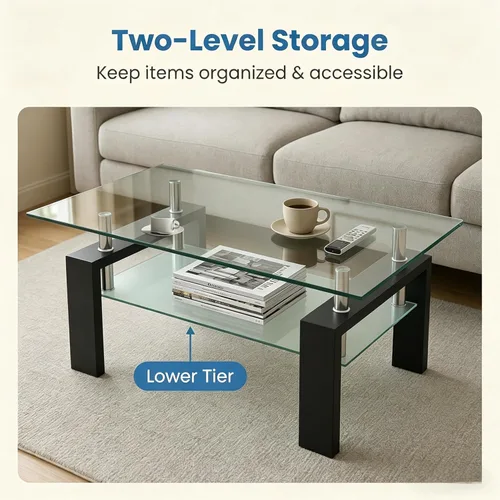 Miniatura 5 de Meihua Mesa de Centro de Vidrio Rectangular de 2 Niveles Mesa de Té Mesa de Centro Moderna para Sala de Estar Transparente