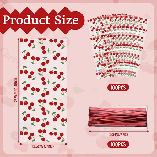 Miniatura 2 de Yexiya 100 bolsas transparentes de celofán de cerezas rojas para golosinas, bolsa de regalo con lazos de cinta, bolsas de plástico impresas