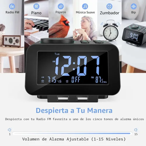 Miniatura 6 de uscce Reloj despertador digital con alarma dual - Atenuador 0-100% con modo de día laborable/fin de semana, 6 sonidos con volumen ajustable, radio