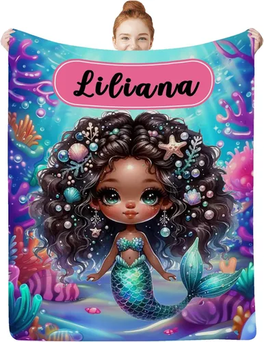 Miniatura 11 de Regalos de sirena para niñas africanas, manta de bebé personalizada con nombre para bebés recién nacidos, manta personalizada para niñas negras