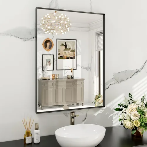 Miniatura 18 de Espejo de baño LED de 60x36 pulgadas con marco negro, espejos de baño retroiluminados y con luz frontal para pared, antiempañamiento, regulable