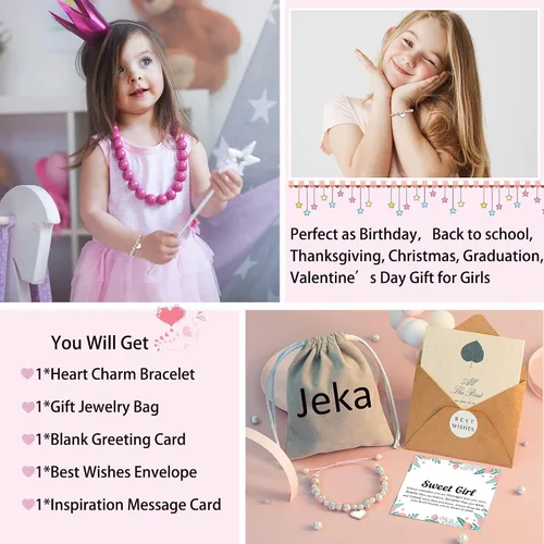 Miniatura 5 de Jeka Pulseras de diamantes de imitación para niñas de flores, pulseras con dije de corazón de perlas rosadas, pulseras de regreso a la escuela