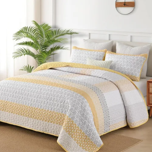 Miniatura 23 de WONGS BEDDING Juego de edredón beige tamaño individual, juego de edredón de rayas bohemias de 3 piezas, juego de colcha acolchada de microfibra