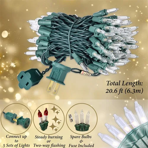 Miniatura 3 de Holiday Essence Luces de Navidad transparentes con cable verde, juego de 100 luces incandescentes mini para iluminación y decoración de fiestas