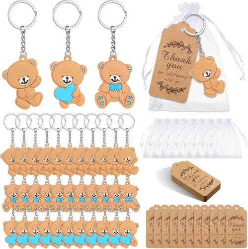 Rtteri - Lote de 120 recuerdos de baby shower con diseño de oso, recuerdos de fiesta con llaveros bonitos, bolsas de organza, etiquetas de