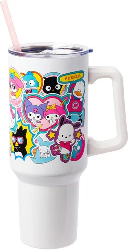 Miniatura 37 de Silver Buffalo - Vaso de acero inoxidable Sanrio Hello Kitty con flores de primavera y verano y rayas arcoíris, con asa y popote, compatible