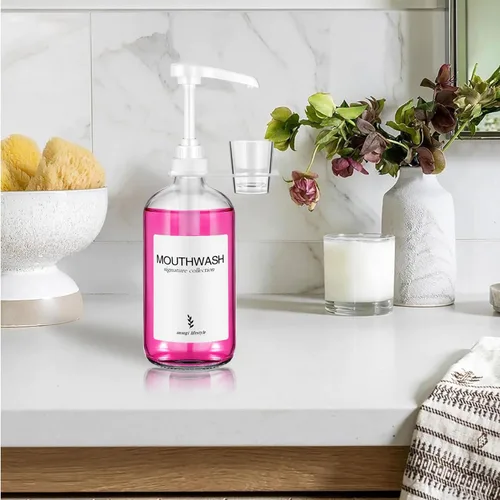 Miniatura 2 de Dispensador de enjuague bucal de vidrio con portavasos y bomba, dispensador de enjuague bucal rústico bohemio de 16 oz para decoración de baño