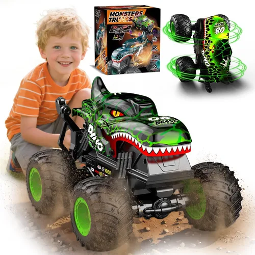 Gohero Juguetes de Camiones Monstruo para Niños, Camión RC de Dinosaurios 1:20 con Giros de 360° y Derrapes, Camiones Monstruo Todo Terreno de
