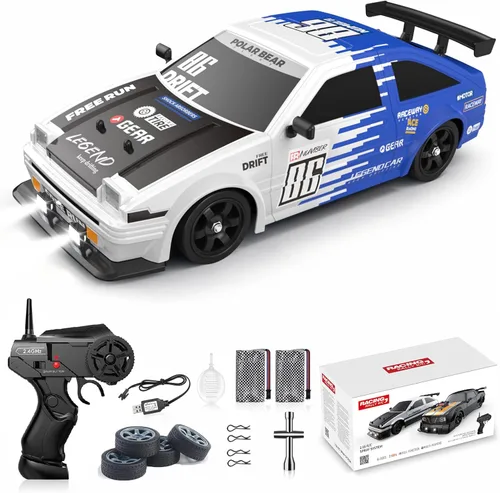 Auto de control remoto RC Drift, escala 1/16, 2.4 GHz, 4WD, autos RC de alta velocidad con luces LED, dos baterías y neumático de derrape, juguete