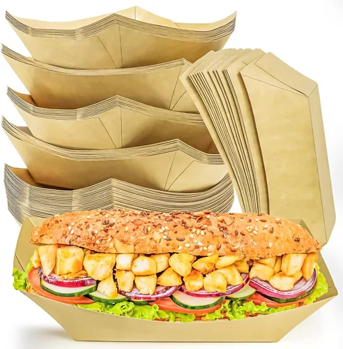 Miniatura 7 de Paquete de 50 bandejas de papel kraft de 2.5 libras, desechables, botes de comida de alta resistencia, bandeja para aperitivos, perritos calientes