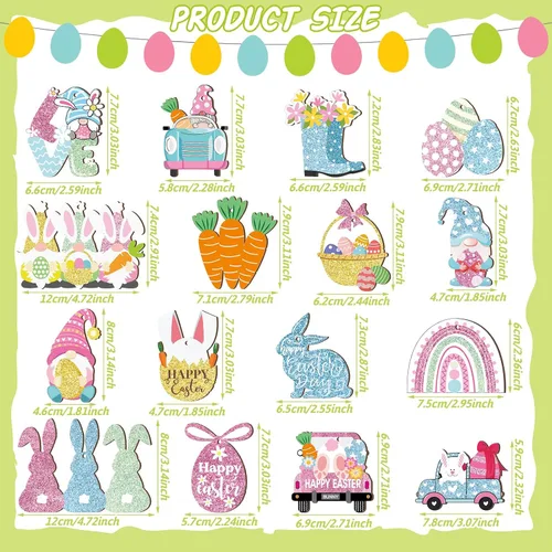 Miniatura 3 de Kathfly 32 piezas de adornos de Pascua para árbol pequeño de madera, decoraciones de Pascua feliz, huevos de conejo, adornos colgantes de gnomo