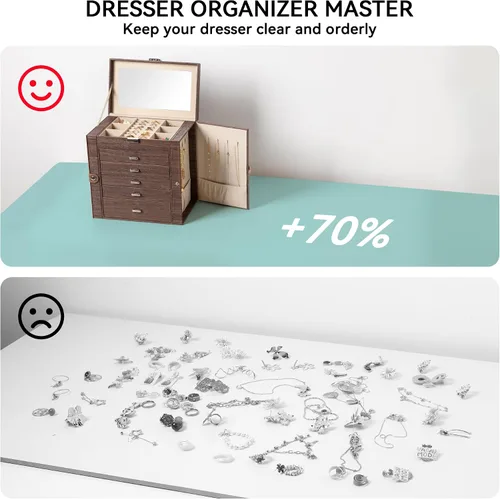Miniatura 6 de Frebeauty Joyero grande, organizador de joyas de piel sintética de 6 niveles, estuche de almacenamiento multifuncional con espejo, soporte