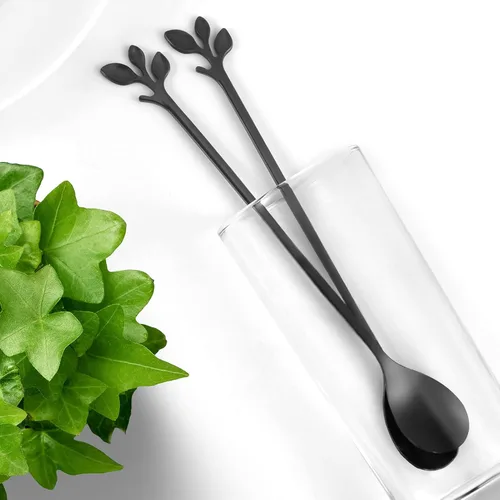 Miniatura 4 de AnSaw 6 cucharaditas elegantes de mango largo de hoja negra, cucharas de acero inoxidable de 7.4 pulgadas para café y té, perfectas para mezclar
