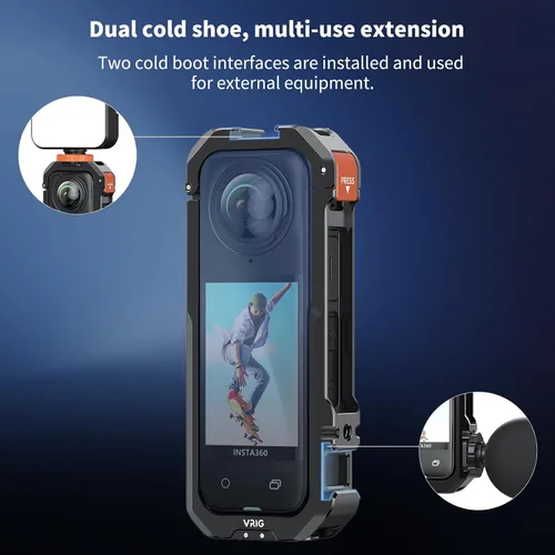 Miniatura 7 de VRIG - Jaula de marco para Insta360 X4, funda protectora de aluminio para Insta360 X4 con cubierta de lente de silicona, zapata fría integrada e