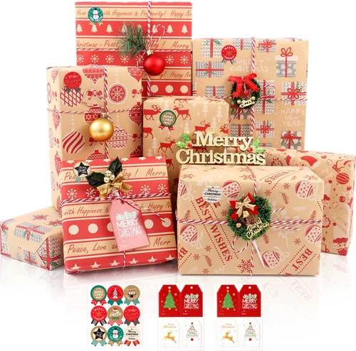 Miniatura 11 de Hojas de papel de regalo de Navidad, papel de regalo Kraft reciclado azul marino y marrón con etiquetas y pegatinas, papel de regalo de 6 hojas