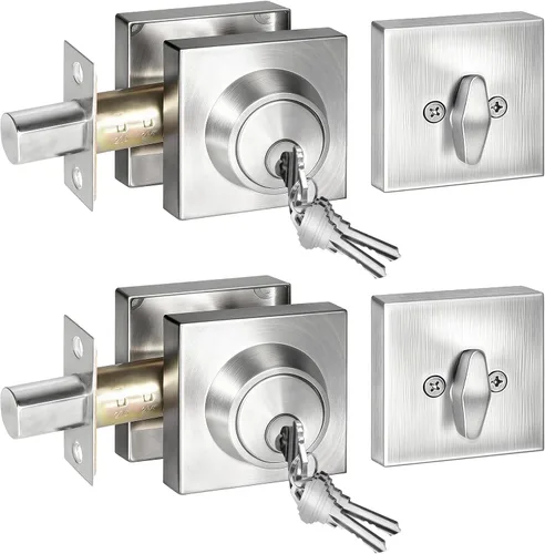 Miniatura 14 de Cerradura cuadrada de un solo cilindro moderno con llaves, cerrojo negro mate para entrada de puerta delantera, cerradura de seguridad de puerta