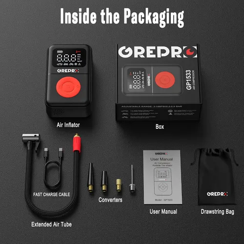 Miniatura 6 de GREPRO Inflador de neumáticos, compresor de aire portátil, bomba de aire portátil de 160 PSI con medidor de presión digital, luz LED y múltiples