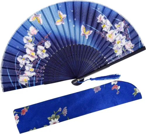 Miniatura 34 de Abanico plegable de seda y bambú, 8.27 pulgadas (21 cm), estilo retro, vintage, elegante y encantador, chino/japonés, regalo para mujeres y niñas