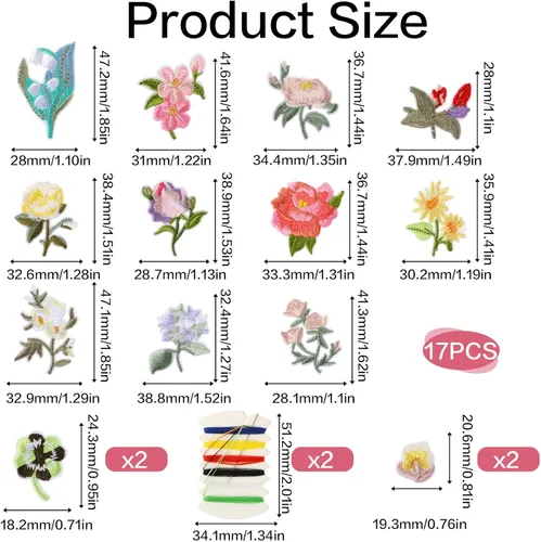 Miniatura 2 de 15 piezas de mini parches de flores para planchar, parches decorativos de flores, 13 patrones bordados con 2 piezas de kit de costura, apliques