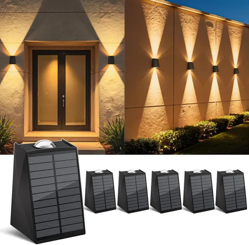 Paquete de 6 luces solares de pared para exteriores, impermeables, arriba y abajo, 2 apliques de valla LED para casa, patio, porche, patio, jardín,