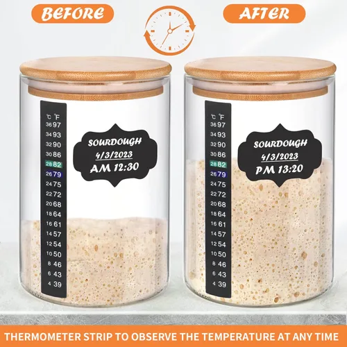 Miniatura 4 de Kmise Tarro para Masa Madre, Kit de Tarro para Masa Madre de Vidrio DIY Pro de 34 Oz con Termómetro, Espátula de Silicona, Calcomanías de Pizarra
