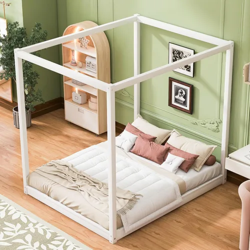 Miniatura 11 de Linique Cama de plataforma tamaño King con cabecera y patas de soporte, marco de cama King de madera con cuatro pósteres, no requiere somier, gris
