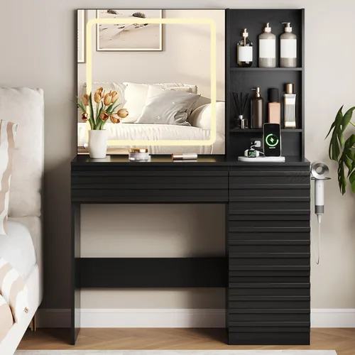 Miniatura 6 de Makeup Vanity Desk with Lights, Fluted Vanity with 4 Drawers, Open Shelves, Power Outlet, LED Lighted Mirror, 3 Lighting Modes & Brightness