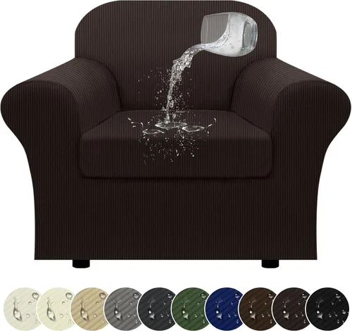 Miniatura 56 de Funda impermeable para silla con brazos, juego de 2 piezas, funda a rayas para 1 sofá separado con cojín en T, fundas de sillón de tela