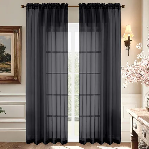 Miniatura 68 de Aiyufeng 2 paneles de cenefa transparente negra de 14 pulgadas de largo, cortinas cortas negras transparentes para dormitorio, cortinas de cocina