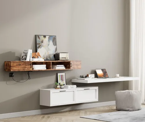 Miniatura 8 de WAMPAT Estante flotante de TV de 70 pulgadas con estación de carga, soporte de TV montado en la pared, soporte de consola multimedia con gabinete