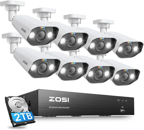 ZOSI Sistema de cámara de seguridad PoE con reflector 4K de 8 canales, 8 cámaras IP para exteriores e interiores de 8 MP/4K, detección de
