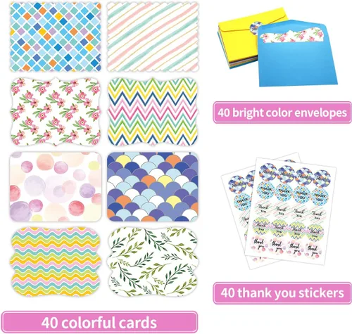Miniatura 2 de Fancy Land 40 tarjetas en blanco de un solo panel con sobres, patrón brillante, acuarela, colorido, tarjetas de felicitación, oficina, escuela