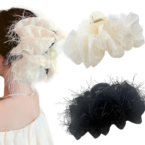 Miniatura 8 de Jaczora 2 pinzas para el pelo de seda de gasa, pinza grande de perlas con lazos, accesorios para el cabello para mujeres y niñas