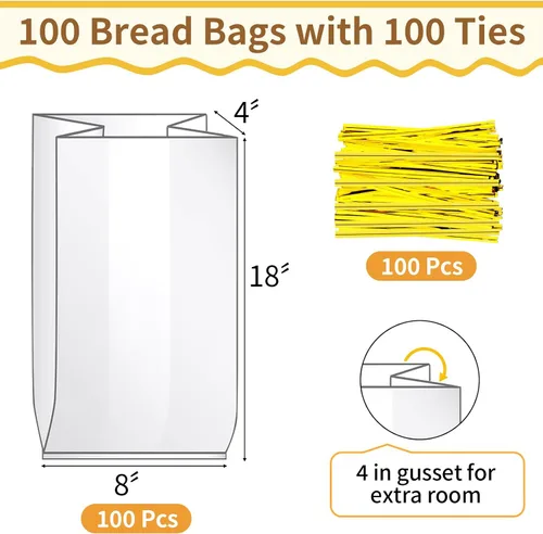 Miniatura 2 de Bolsas de pan con lazos, 100 bolsas de pan transparentes para pan casero y 100 lazos, bolsas de pan ajustables reutilizables de plástico, bolsas