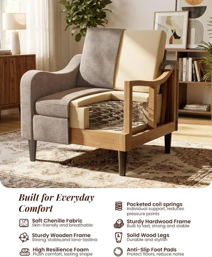 Miniatura 8 de LEVELEVE Silla con brazo Accent – marrón claro, silla de lectura cómoda tapizada para sala de estar, dormitorio, apartamento, sala de espera