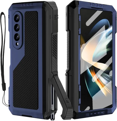 Miniatura 9 de Funda de metal para Samsung Galaxy Z Fold 4 con soporte para bolígrafo S, funda militar resistente Z Fold4 con protector de pantalla integrado, Negro