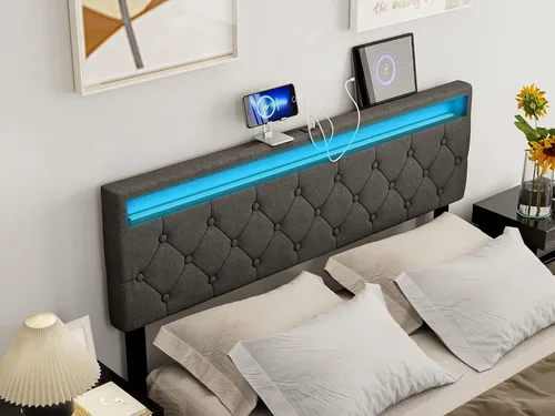 Miniatura 3 de IKIFLY Cabecera tapizada tamaño Queen con luces LED, puerto USB y tipo C, altura ajustable de 39.4 a 43.3 pulgadas, altura ajustable, solo tablero