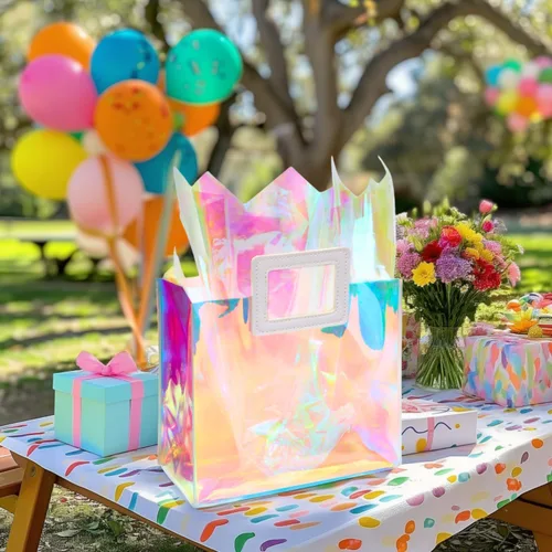 Miniatura 3 de Bolsa de regalo holográfica mediana con papel de seda, reutilizable, bolsa de regalo de cumpleaños para mujeres y niñas, iridiscente, despedida de M