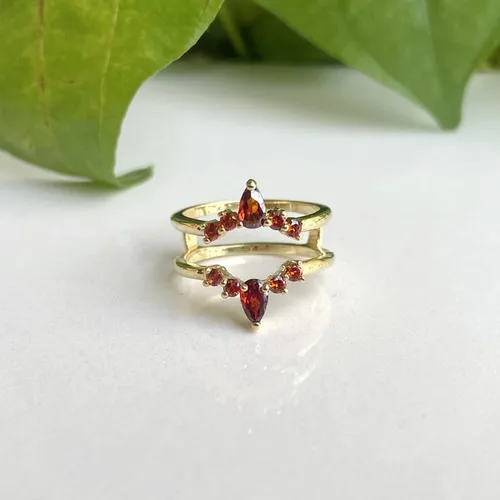Miniatura 3 de Anillo de compromiso con forma de corona de granate rojo para mujer, anillo de compromiso con acabado de oro de 14 quilates