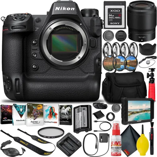 Nikon Cuerpo de cámara sin espejo Z9 con formato FX (1669) + lente f/1.8 S de 1.969 in + tarjeta de memoria XQD de 64 GB + monitor HD de 7 pulgadas