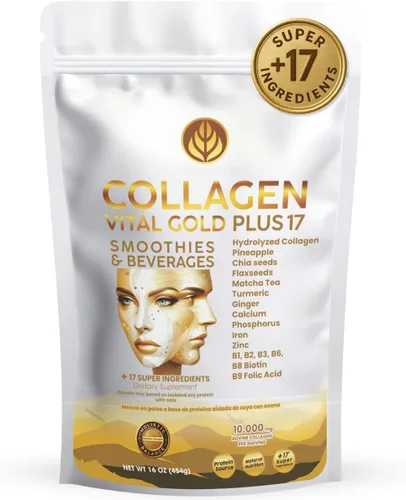 Vital Life - Polvo de péptidos de colágeno – Colágeno hidrolizado con fórmula BioSynergy y 17 súper ingredientes, sabor a piña, 16 onzas, apoya la