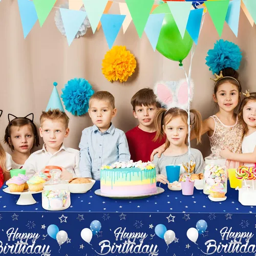 Miniatura 5 de Tegeme Suministros de Fiesta Azul Marino Manteles de Feliz Cumpleaños con Estrellas Confeti Estrellado Cubiertas de Mesa para Niños Niñas Baby Azul