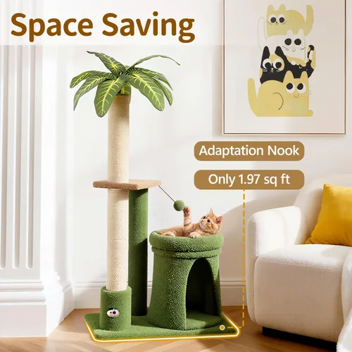 Miniatura 4 de Soporte de poste para rascar en torre de árbol de gato para interiores, 41 pulgadas compacto de palmera con cama acogedora para gatos pequeños