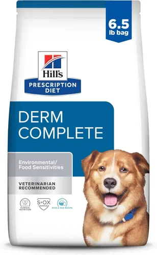Hill's Prescription Diet Derm Complete Skin & Food Sensitivities Alimento seco para perros, dieta veterinaria, bolsa de 6.5 libras