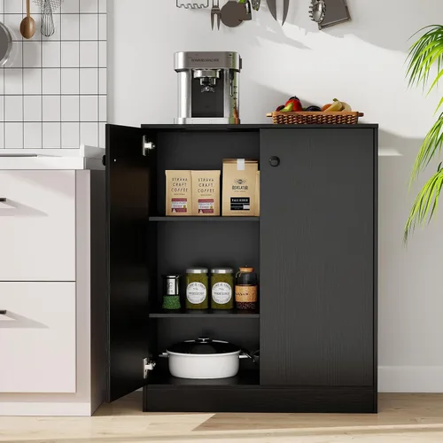 Miniatura 4 de LOKO Armario de almacenamiento de 2 puertas, armario de piso moderno con estante de 3 niveles, gabinete lateral independiente con dispositivo Negro