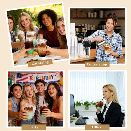 Miniatura 12 de Juego de 100 vasos de plástico transparente de 16 onzas con tapas para sorbos y popotes, tazas de café helado desechables con tapas para bebidas